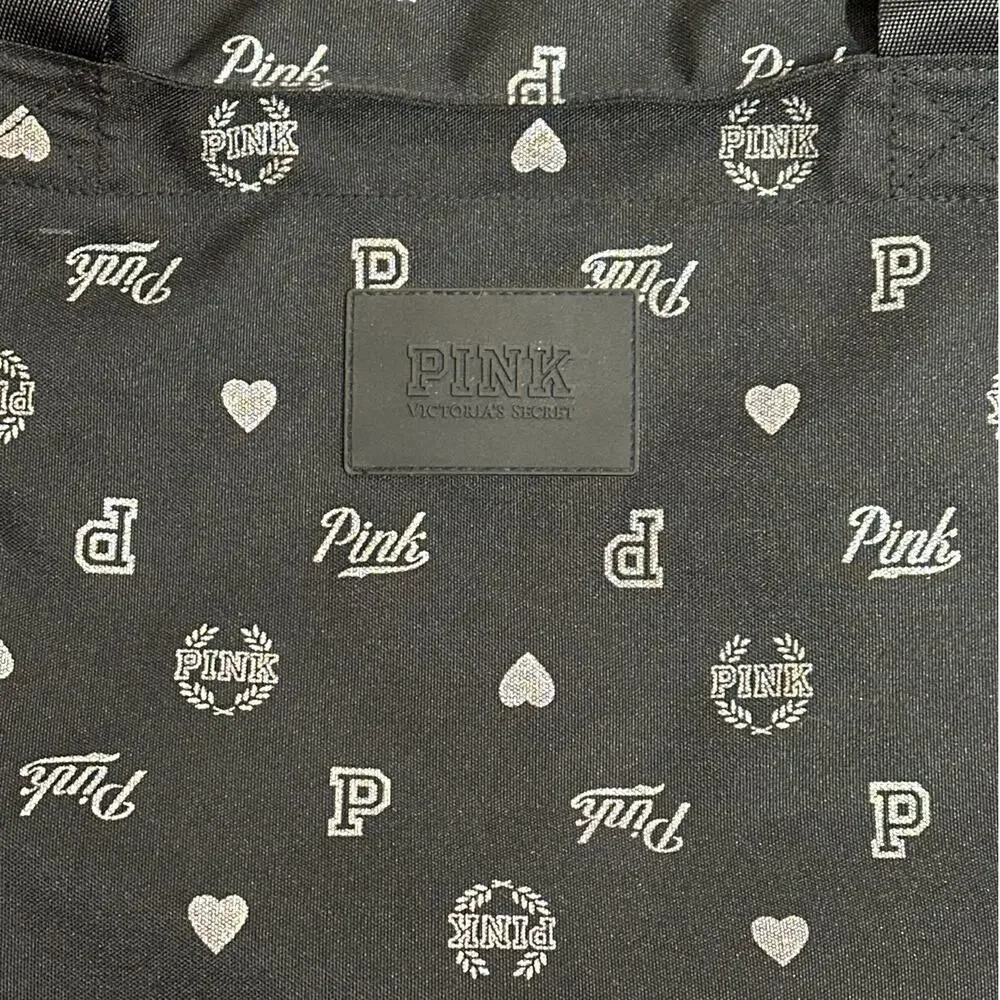 Victoria's Secret Pink Large Tote Bag Black Logo Heart Print Gym Bag Overnight
